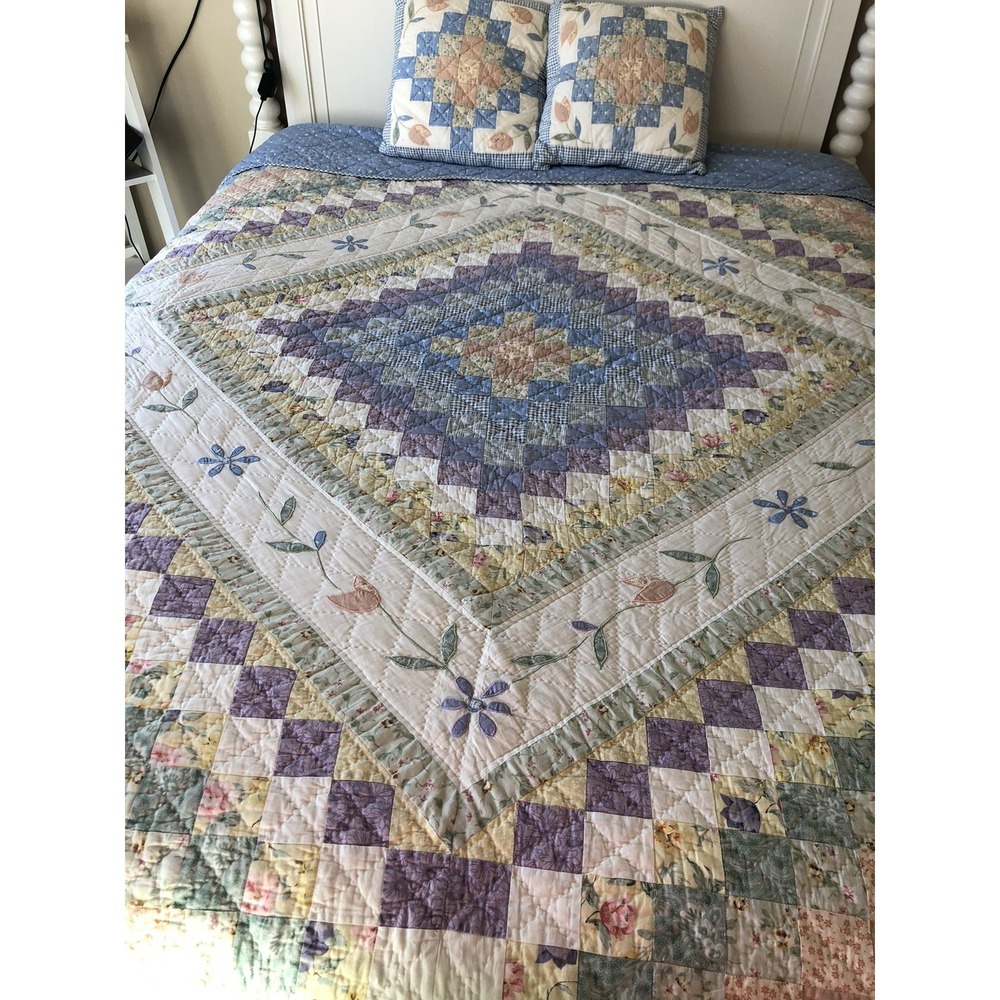 Patchwork Queen Quilt 100x90 Floral Diamond With 2 Matching 18" Pillows